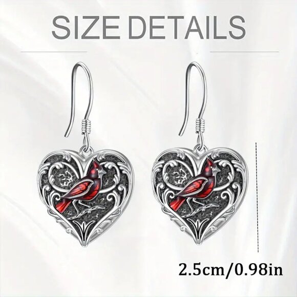Exquisite Retro Cardinal Heart Shaped Dangle Earrings - Picture 4 of 4